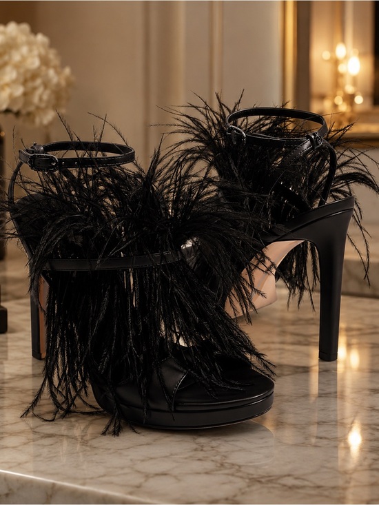 Sam Edelman Shoes - Sam Edelman Jacinta Black Feathered Ankle-Strap Stiletto Glam Luxe Goth Edgy Sz5